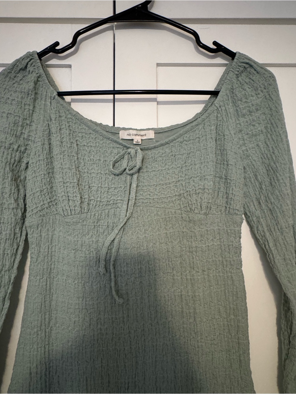 Sage Green Long-Sleeve Ribbed Midi Dress with Tie Neck